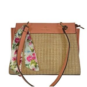 Nanette Lepore Satchel Handbag Purse Peach Faux Leather Woven Straw Floral Scarf